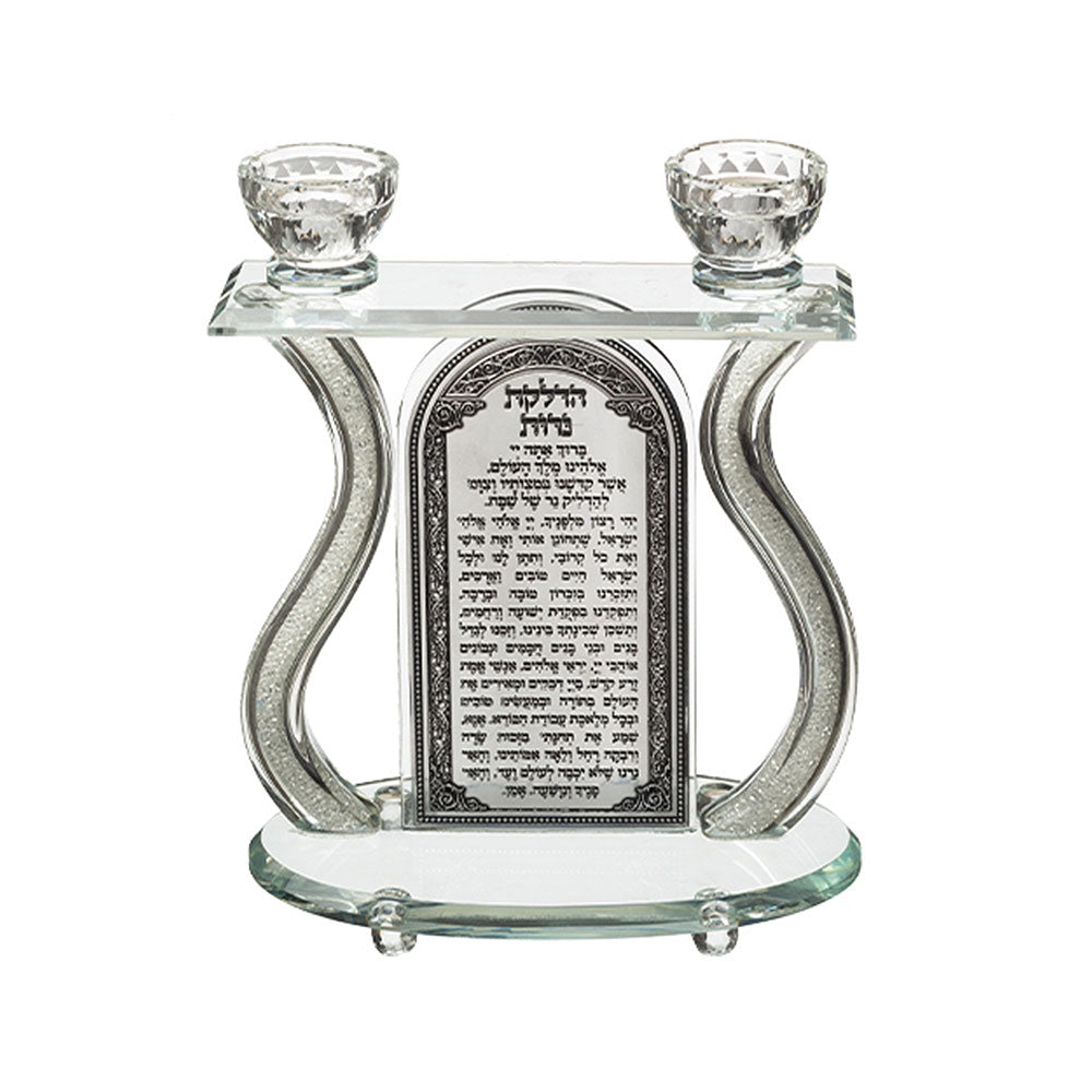 ART Judaica Crystal Candlesticks 25x24 cm With Metal Plaque and Stones