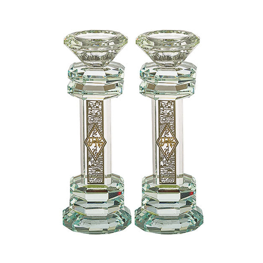 ART Judaica Crystal Candlesticks 19.5 cm with Metal Plaque
