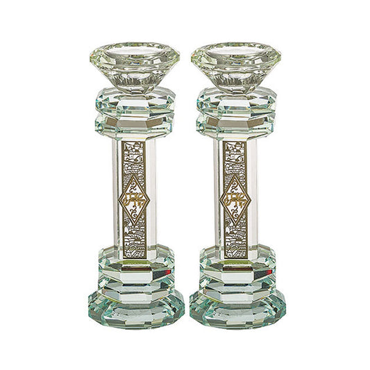 ART Judaica Crystal Candlesticks 19.5 cm with Metal Plaque