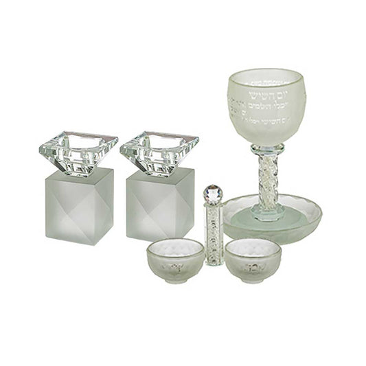 ART Judaica Crystal Set Of Candlesticks + Kiddush Cup + Salt & Pepper Stand with Stones