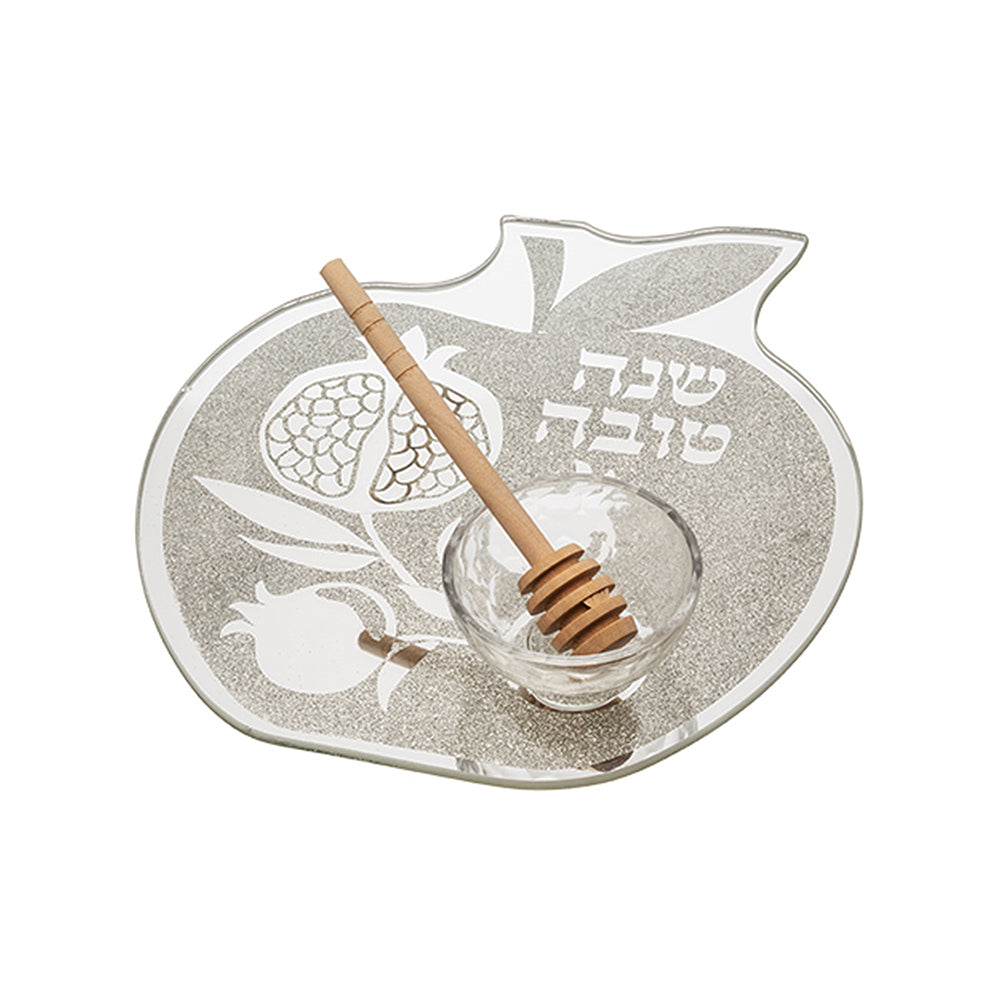Art Judaica Pomegranate Shaped Glass Plate For Apple In Honey