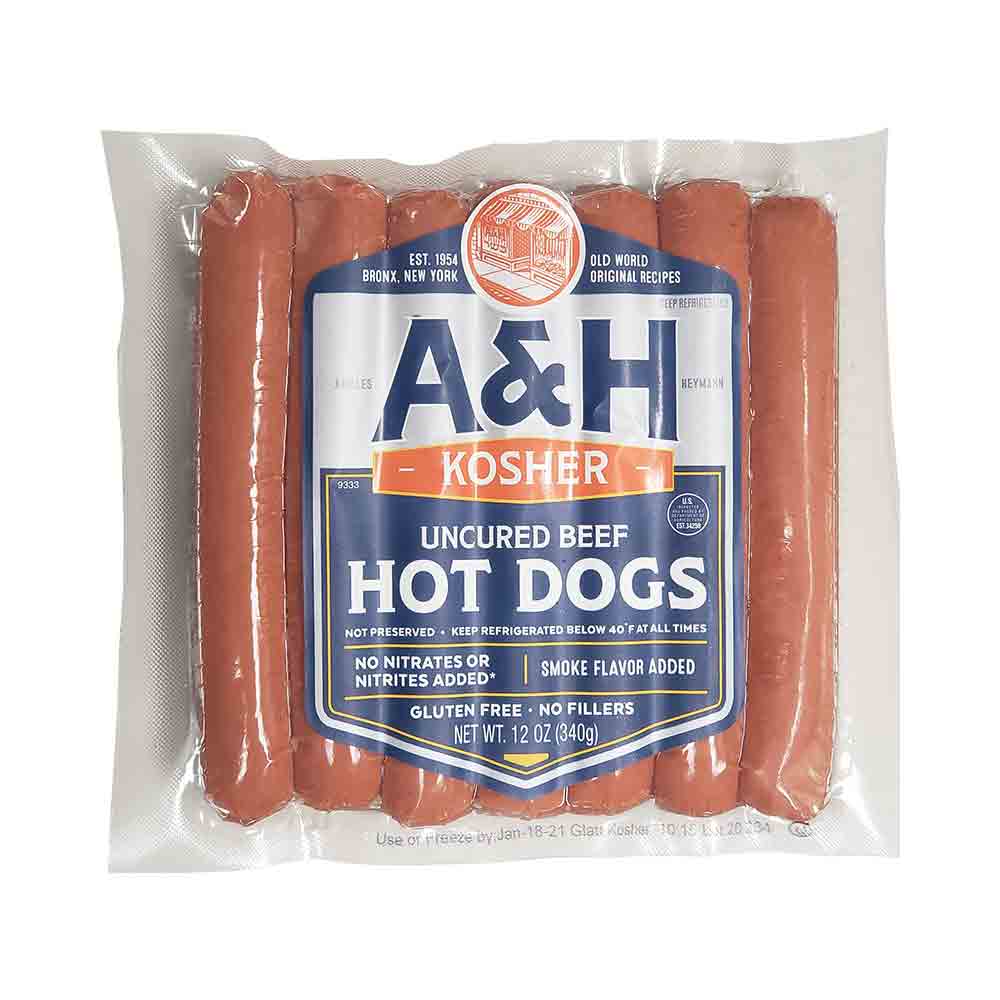 A&amp;H Kosher Uncured Beef Hot Dogs 12 oz