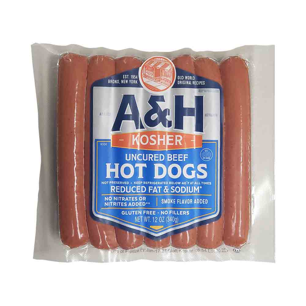 A H Kosher Uncured Beef Hot Dogs Reduced Fat Sodium 12 Oz a-h-kosher-uncured-beef-hot-dogs-reduced-fat-sodium-12-oz