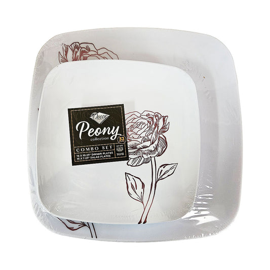 Decor Peony Collection White &amp; Burgundy Dinner &amp; Salad Plates 32 pk