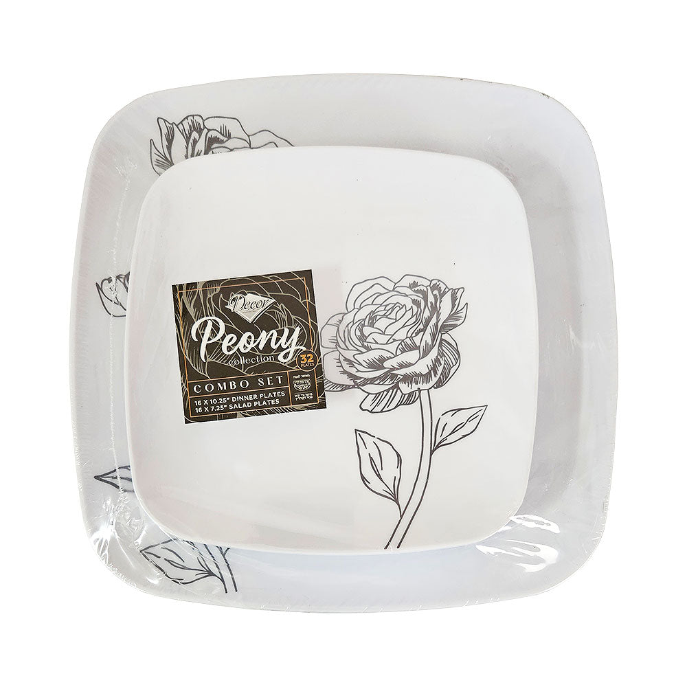 Decor Peony Collection Black &amp; White Dinner &amp; Salad Plates 32 pk