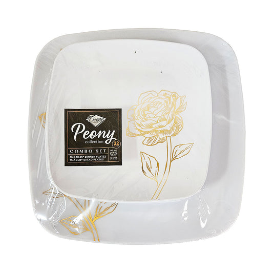 Decor Peony Collection Dinner &amp; Salad Plates White &amp; Gold 32 pk