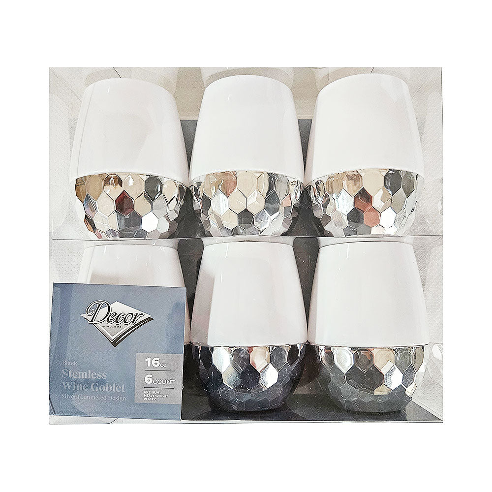 Decor Stemless Wine Goblet Silver Hammered Design  6 pk