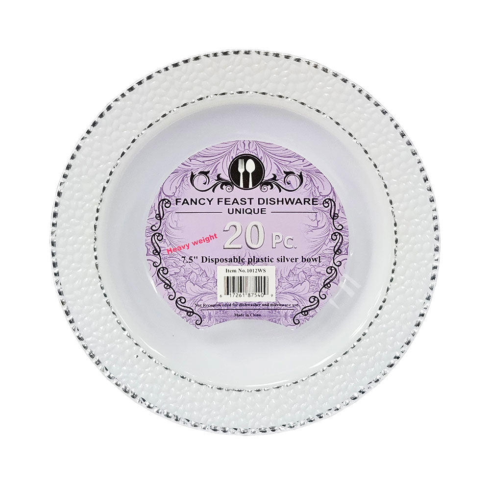 Fancy Feast 7.5" Disposable Plastic Silver Rim Bowls 20ps