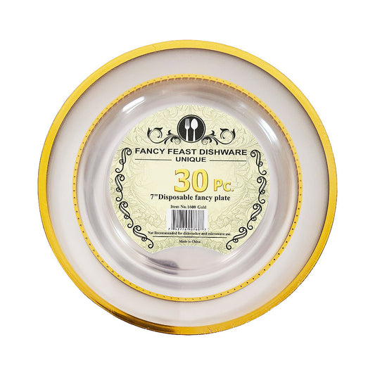 Fancy Feast Dishware Clear 7" Gold Rims Plastic Plates 30 pk