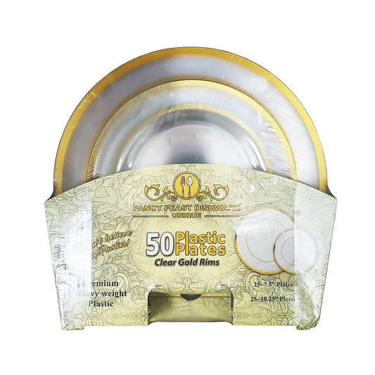 Fancy Feast Dishware Clear Gold Rims Plastic Plates 50 pk