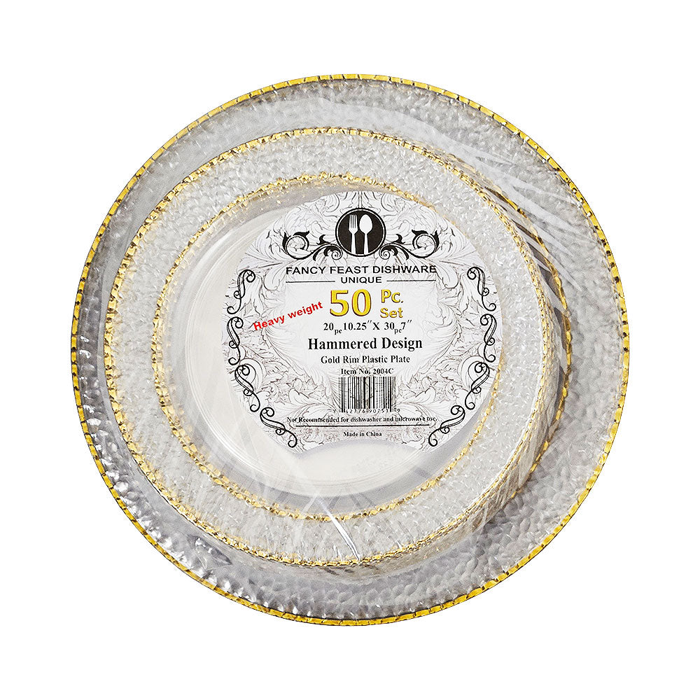 Fancy Feast Dishware Gold Rim Clear Plate Hammered Design  50pc