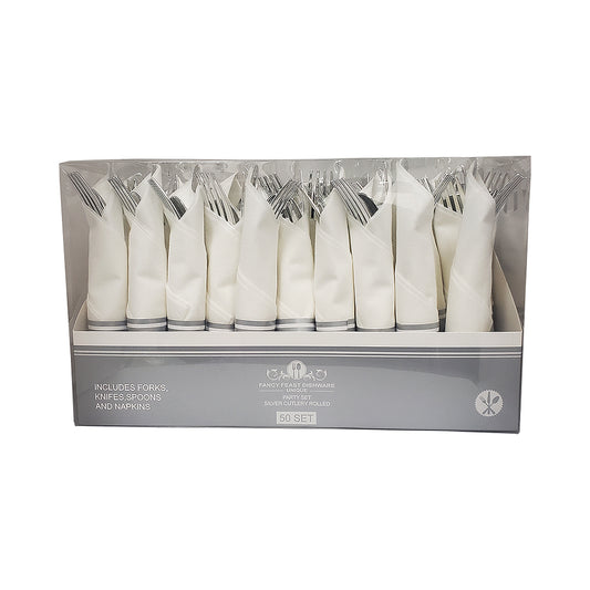 Fancy Feast Dishware Party Set Silver Cutlery Rolled 50 Set