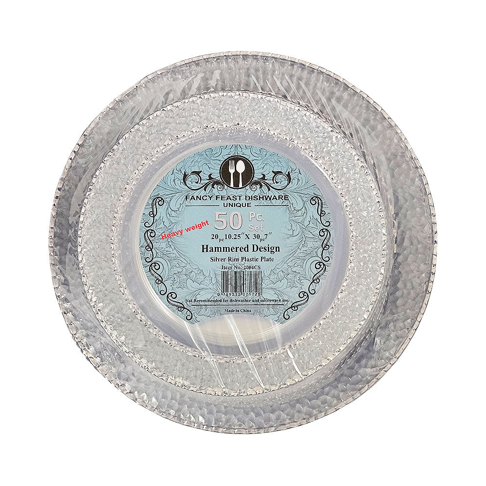 Fancy Feast Dishware Silver Rim Clear Plate Hammered Design  50pc