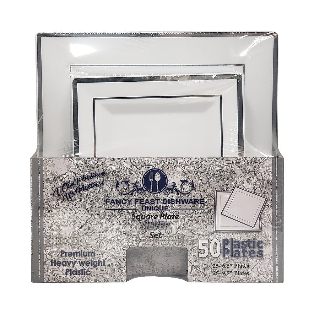 Fancy Feast Dishware Square Plate Silver Set 50 ct