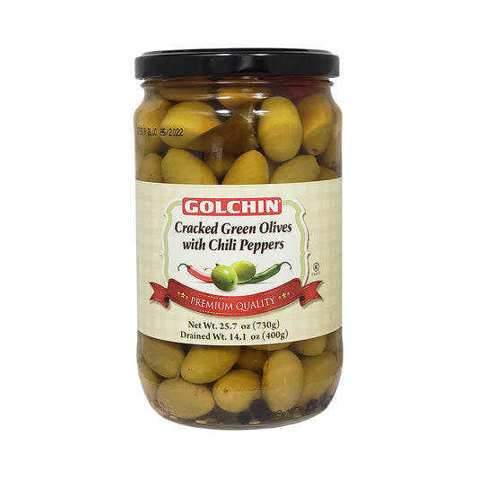 Golchin Cracked Green Olives With Chili Peppers 25.7 oz