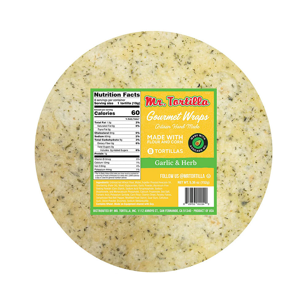 Mr. Tortilla 8 Gourmet Wraps Tortilla Garlic &amp; Herbs 5.36 oz
